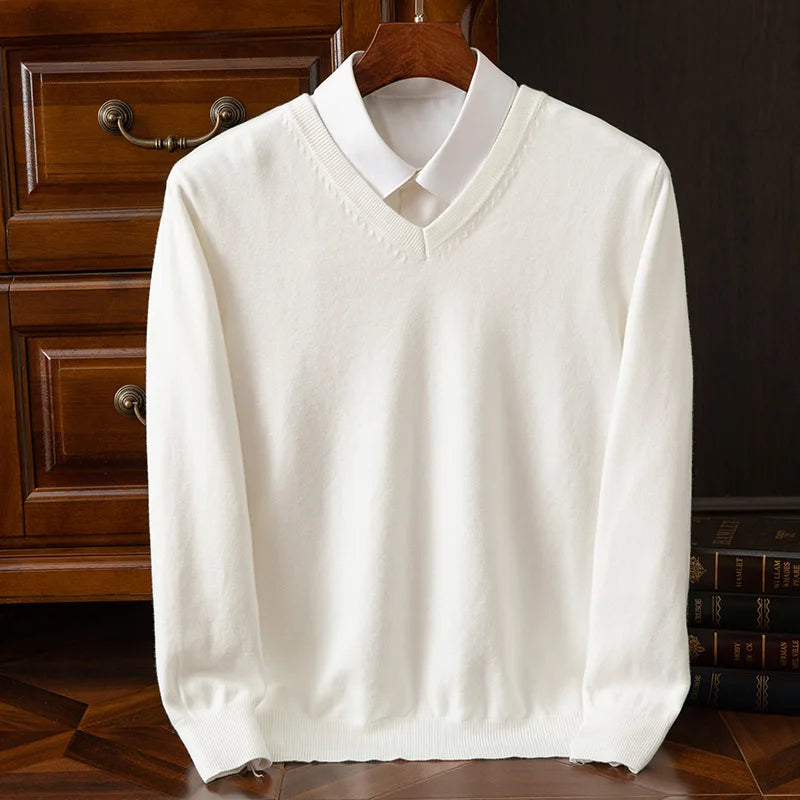 Autumn Winter Basic Merino Wool V-neck Sweater Men's Fashionable Casual Business Knitwear Cashmere Pullover Clothing Tops