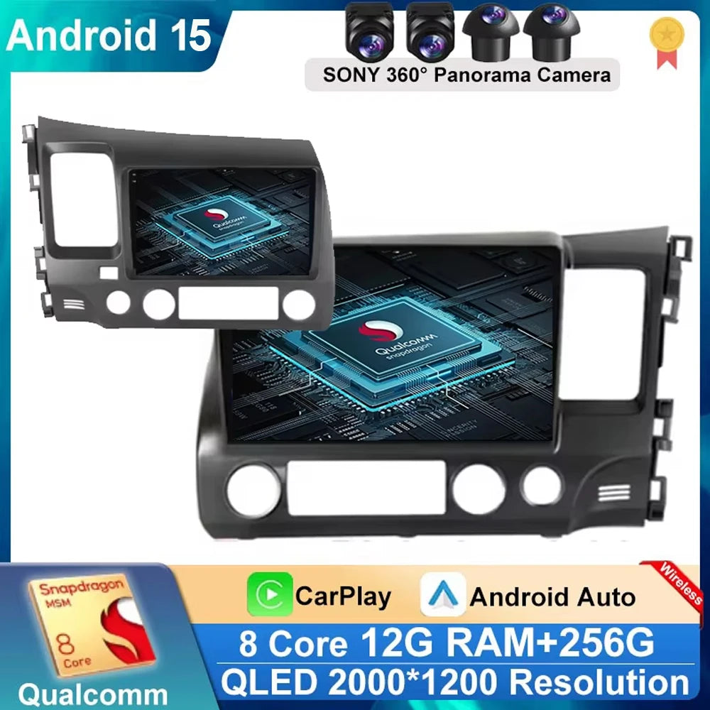 Car Radio Android 15 For Honda Civic 8 FK FN FD 2005 - 2012 RHD Multimedia Player Navigation GPS Carplay Stereo BT Head Unit DSP