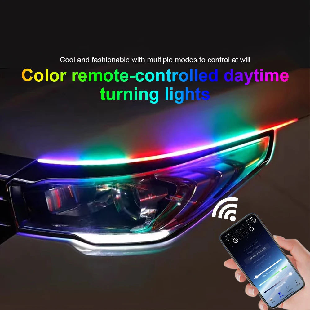 2PCS Symphony DRL Car LED Daytime Running Light APP Control Flexible RGB Flowing Turn Signal Strip Headlight Decorative Lamp 12V