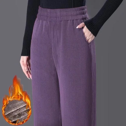 Women's Fleece Lined Corduroy Wide Leg Pants High Waist Warm Straight Cut Casual Trousers Autumn Winter New Mom Comfortable