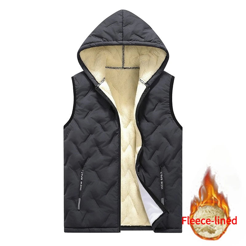 European size Men's Hooded Vest Thermal Padded Winter Jacket Fleece Lined Waistcoat Autumn Warm Quilted Jacket Puffer Vest