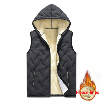 European size Men's Hooded Vest Thermal Padded Winter Jacket Fleece Lined Waistcoat Autumn Warm Quilted Jacket Puffer Vest