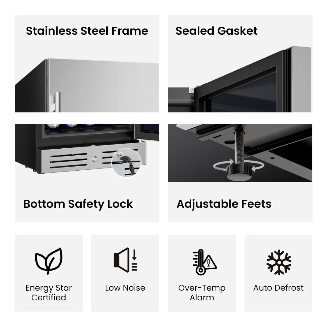 3.0 Cu Ft 80 Can Embedded Beverage Refrigerator Glass Door Mini Fridge Soda Beer Wine Cooler Home Office Bar Adjustable Shelves