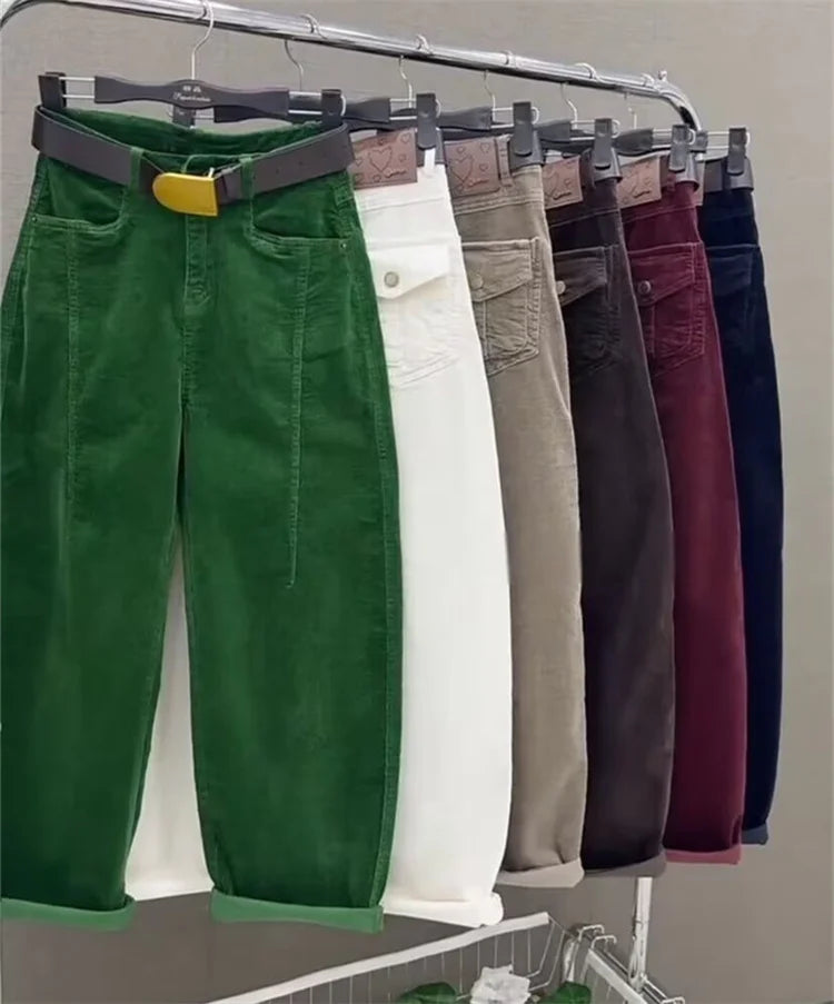 High Waist Cotton Corduroy Harlan Pants Slim Fit Casual Nine Point Knife  Straight Leg Crop Leisure Long Trousers