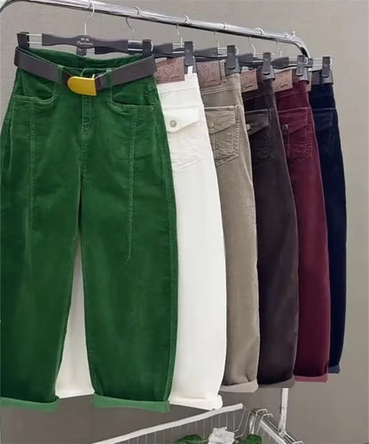 High Waist Cotton Corduroy Harlan Pants Slim Fit Casual Nine Point Knife  Straight Leg Crop Leisure Long Trousers