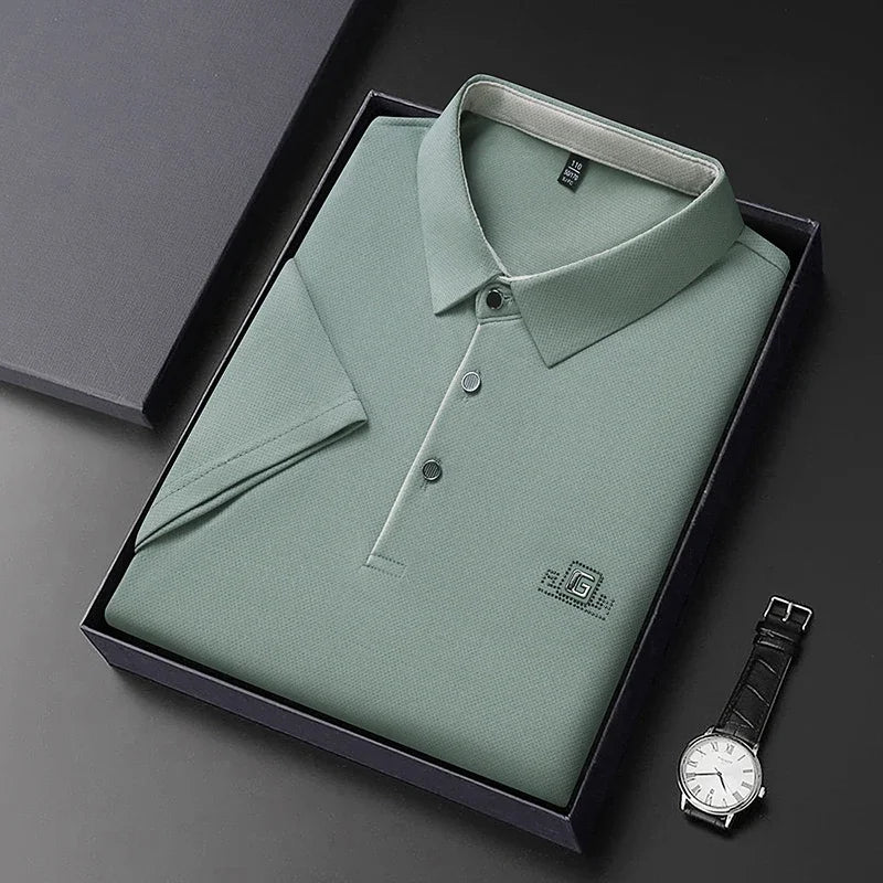 Men's Business Ice Silk Work Shirts Summer Badge Solid Color Polo Shirt Office Wear Man Breathable Comfortable Versatile Tops