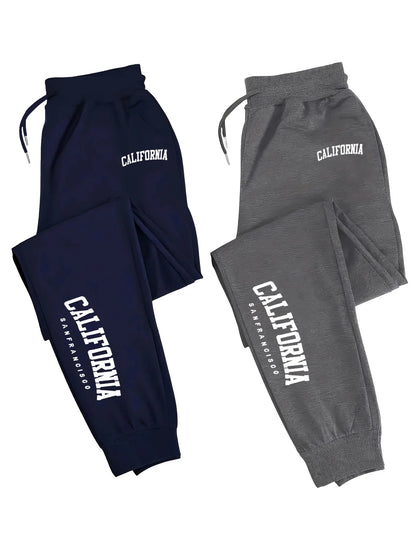 2 Pack Men's Print Polyester Joggers, Drawstring Waist, Wrinkle-Resistant, Breathable, Slim-Fit, Cuffed Hem, Ideal for S