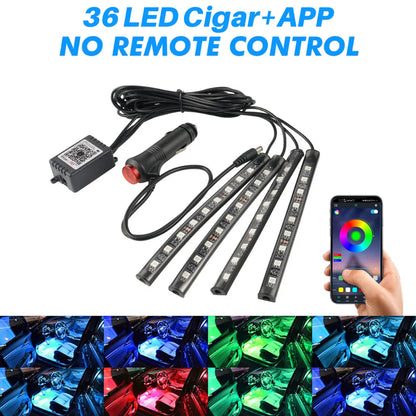 BEVINSEE 36 LED RGB Car Interior Ambient Light 4-in-1 LED Strips Multi-color APP Control Atmosphere Lighting Cigarette Plug 12V