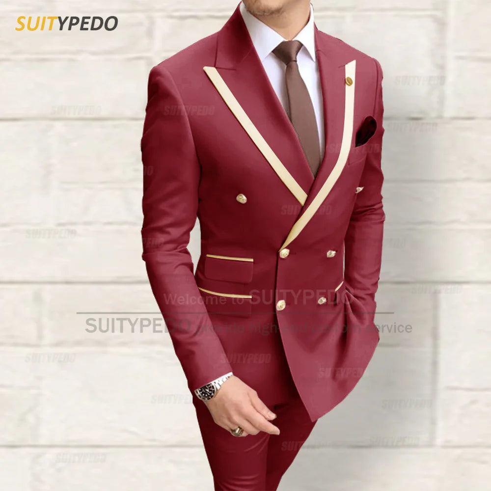 Fashion Men Red Suit Sets Wedding Party Custom Groomsman Elegant Outfits Birthday Banquet Male Stylish Blazer Pants 2 Pieces