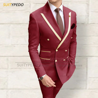 Fashion Men Red Suit Sets Wedding Party Custom Groomsman Elegant Outfits Birthday Banquet Male Stylish Blazer Pants 2 Pieces