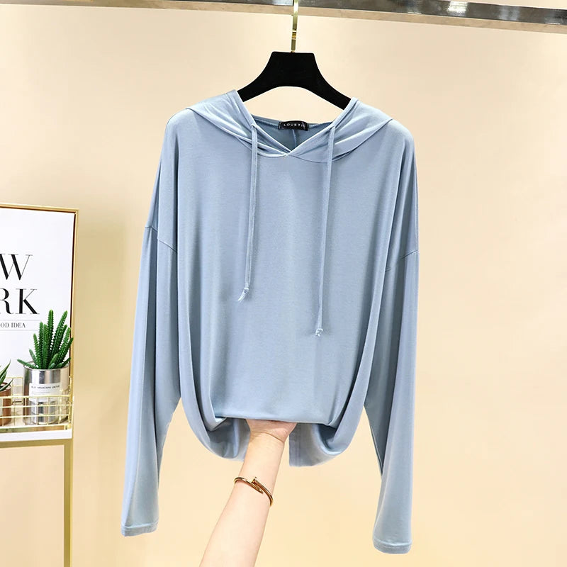 Spring Summer New Modal Long Sleeve Hoodie T-Shirt Women plus Size Loose Base Shirt Slimming Sun Protection Top Korean Style
