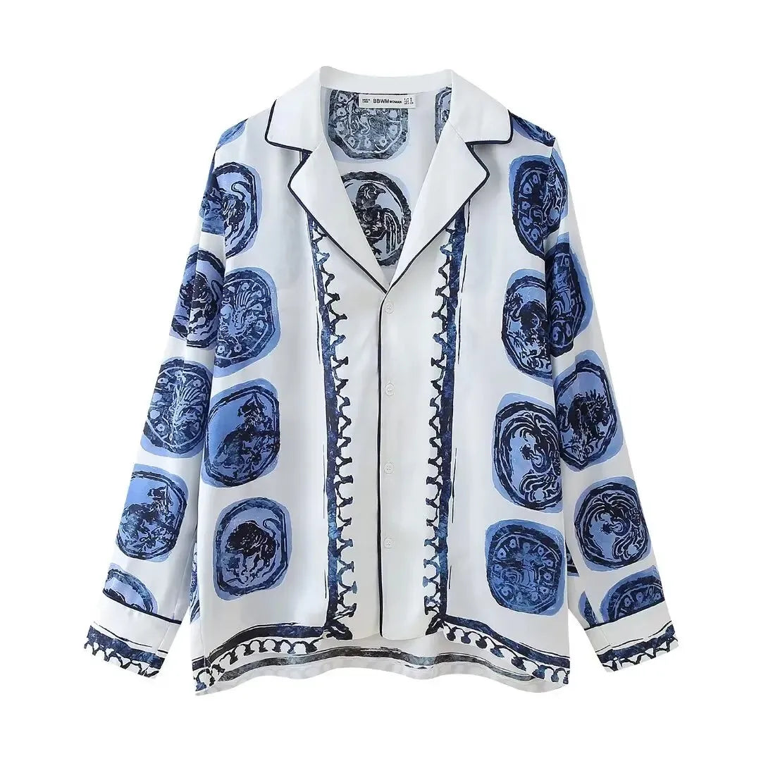 KONDALA Vintage Casual Print Women Suit Single Breasted V Neck Shirts+Loose Wide Leg Long Pants Fashion 2024 Autumn Women Sets