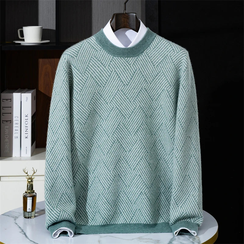 Autumn and winter new thick 100% pure cashmere men's round neck jacquard loose color matching leisure sweater cashmere sweater