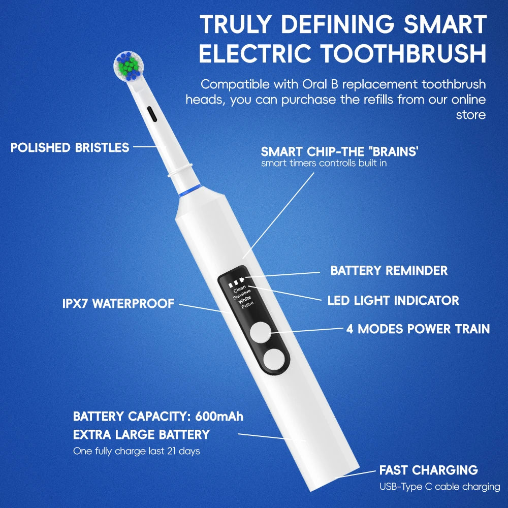 Rotating Electric Toothbrush with 4 Cleaning Modes and Smart Timer, Rechargeable Toothbrush Compatible with Oral B Brush Heads