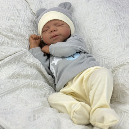 AONPENG 45cm 18inch Smiling Asleep Reborn Doll, Black Skin, Vinyl Limbs & Cloth Body, Handmade Collectible Birthday Gift