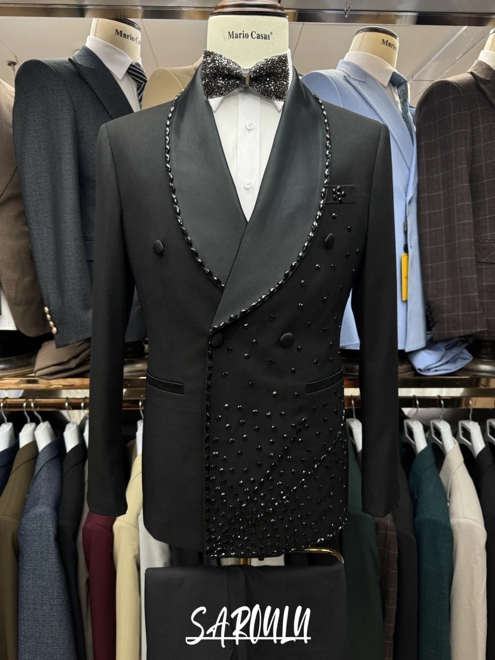 Textured Black Men's Suit Sophisticated Party Beaded Customized Celebrity Peak Lapel Groom Wear In Stock Prom Set Fast Shipping