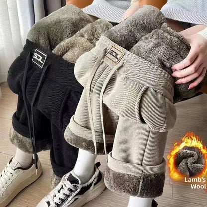 Women's Fleece Lined Thick Wide Leg Pants Loose Straight Cut Autumn Winter New Style plus Size Elegant Warm Casual Trousers
