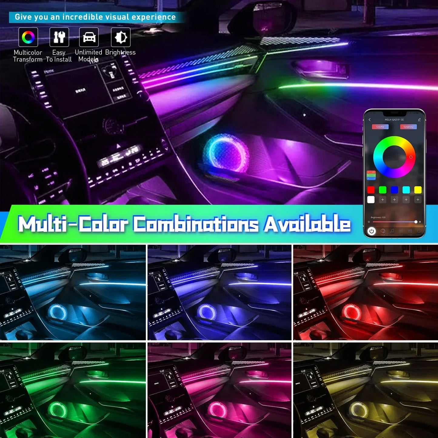 22 In 1 Car Ambient Lights RGB 64 Color Universal LED Interior Hidden Acrylic Strip Symphony Atmosphere Lamp APP Full Colors
