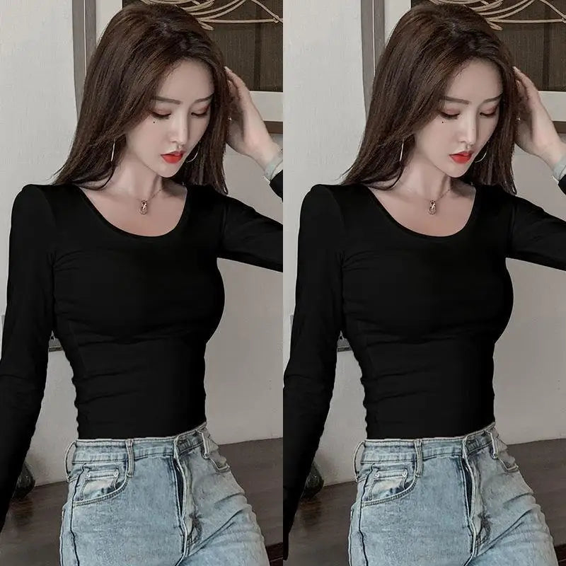 Women's Slim Fit Long Sleeve round Neck T-Shirt Base Layer Shirt Inner And Outer Wear Autumn Style Commute Korean Version