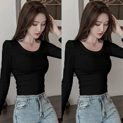 Women's Slim Fit Long Sleeve round Neck T-Shirt Base Layer Shirt Inner And Outer Wear Autumn Style Commute Korean Version