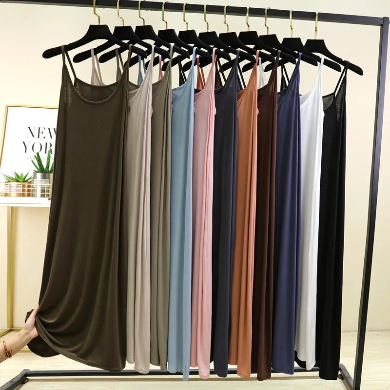 Summer round Neck Modal Dress Thin Long A-Line Dress Vest Strap Dress Loose Base Dress Inner Wear Casual Style No Sleeve Dress