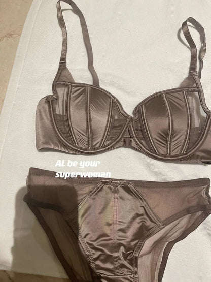 Front Fastening Push Up Bra Lingerie Set Sexy Satin Mesh Semi-Cup Underwired Lift Bra and Panty Set S-XL Size  Lingerie Sexy Set