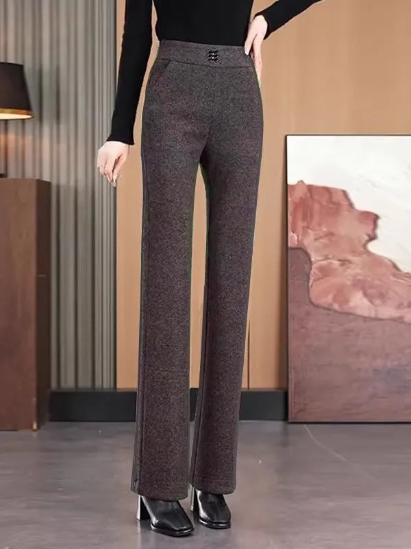 Women's Woolen Flared Pants High Waist Elastic Polyester Fiber Warm Casual Trousers for Autumn Winter 2025 New Style