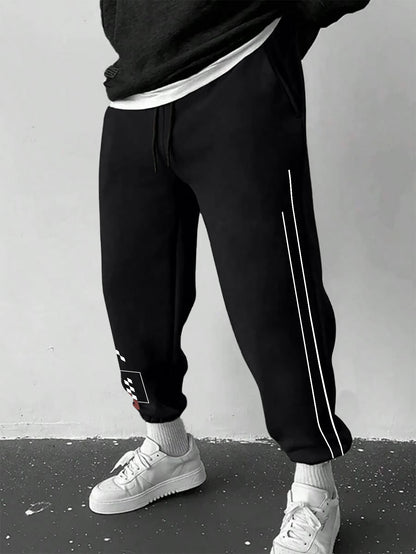 Men's Y2K Racing Checkerboard Side Line Print Sweatpants Elastic Waist Soft Fabric Motor Street Hip Hop Joggers