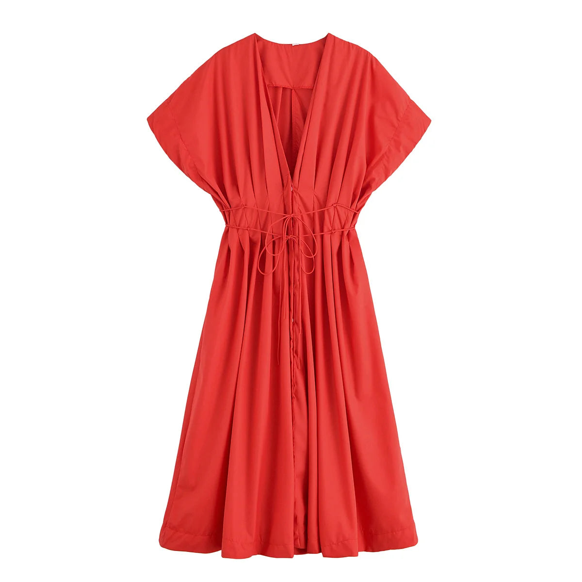 HH Women's Summer Fashion V-neck Lace-up Midi Short Sleeve Dress Female Elegant Backless Pleated Sexy Waist Long Dress
