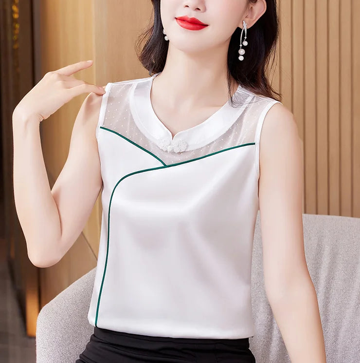 M-5XL 2024 New Fashion Women Tank top Spring Summer Sleeveless Silk Satin Vest Shirt Patchwork Mesh Clothing