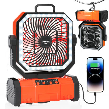 Outdoor Camping Fan 20000mAh Rechargeable Fan  with LED Lantern & Remote for Fishing Travel, 4 Speeds 8H Timer, Hanging Hook