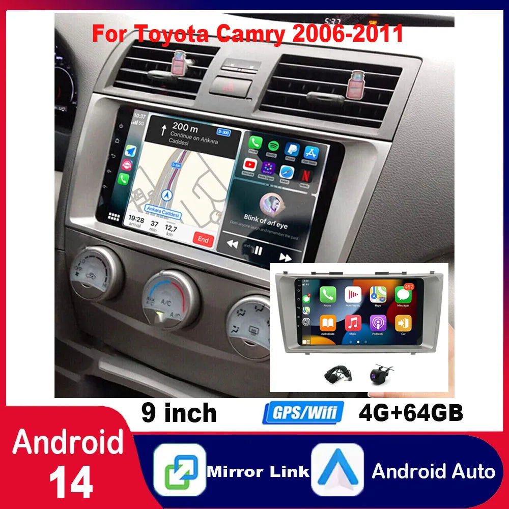 Android 14 car navigation 9 in built-in Carplay + Android auto / 4 + 64G + AHD camera + microphone For 2006-2011 Toyota Camry