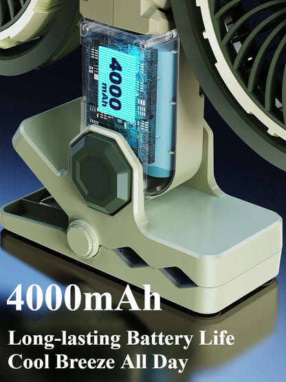 Hipacool Car Clip Dual Head Fan 4000mAh 3-Speeds Two Light Modes USB Rechargeable 360° Rotatable Desktop Cooling Air Fan