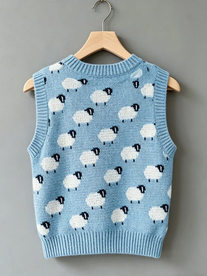 Women's plus size sheep pattern round neck knitted vest, casual and elegant spring and summer women's clothing