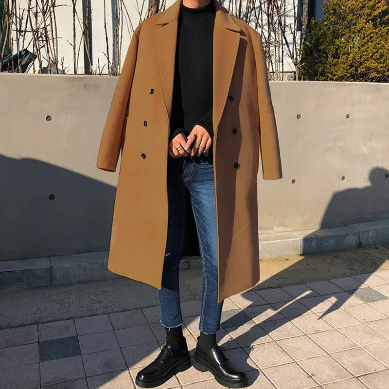 Casual Turn-down Collar Men's Woolen Jackets Outerwear Autumn Winter Mens Fashion Double-breasted Long Coat Men Cardigans