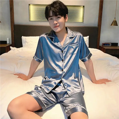 Solid Color Sleepwear Silk Satin Pajamas Couple Set Short-sleeved Pyjamas Suit Pijama Women Men Loungewear Plus Size Pj Set
