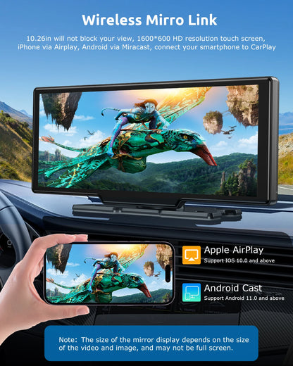 10.26" 4K 64GB Dash Cam Touch Screen Car Stereo Rearview Wireless Apple Carplay Android Auto Dual Len Recorder Dashboard