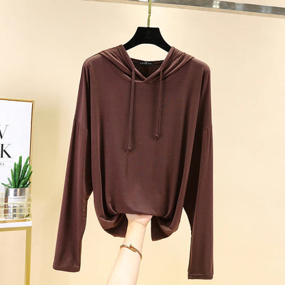 Spring Summer New Modal Long Sleeve Hoodie T-Shirt Women plus Size Loose Base Shirt Slimming Sun Protection Top Korean Style