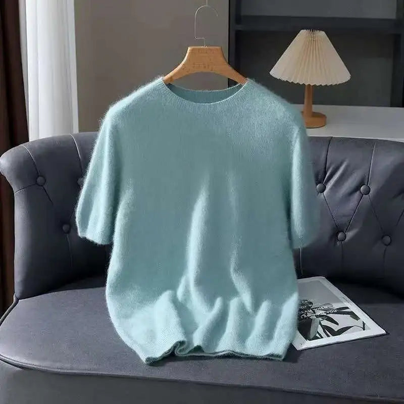Spring Autumn 100% Mink Cashmere Short Sleeve Men's T-Shirt Loose O-Neck Solid Color Knit Sweater Casual Business Base Pullover
