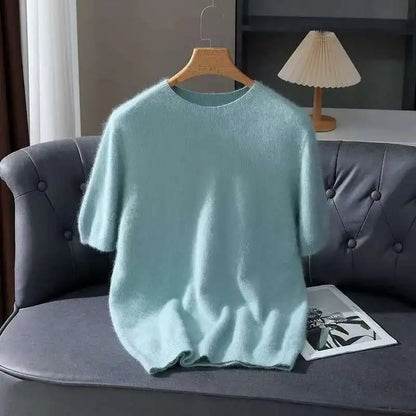 Spring Autumn 100% Mink Cashmere Short Sleeve Men's T-Shirt Loose O-Neck Solid Color Knit Sweater Casual Business Base Pullover