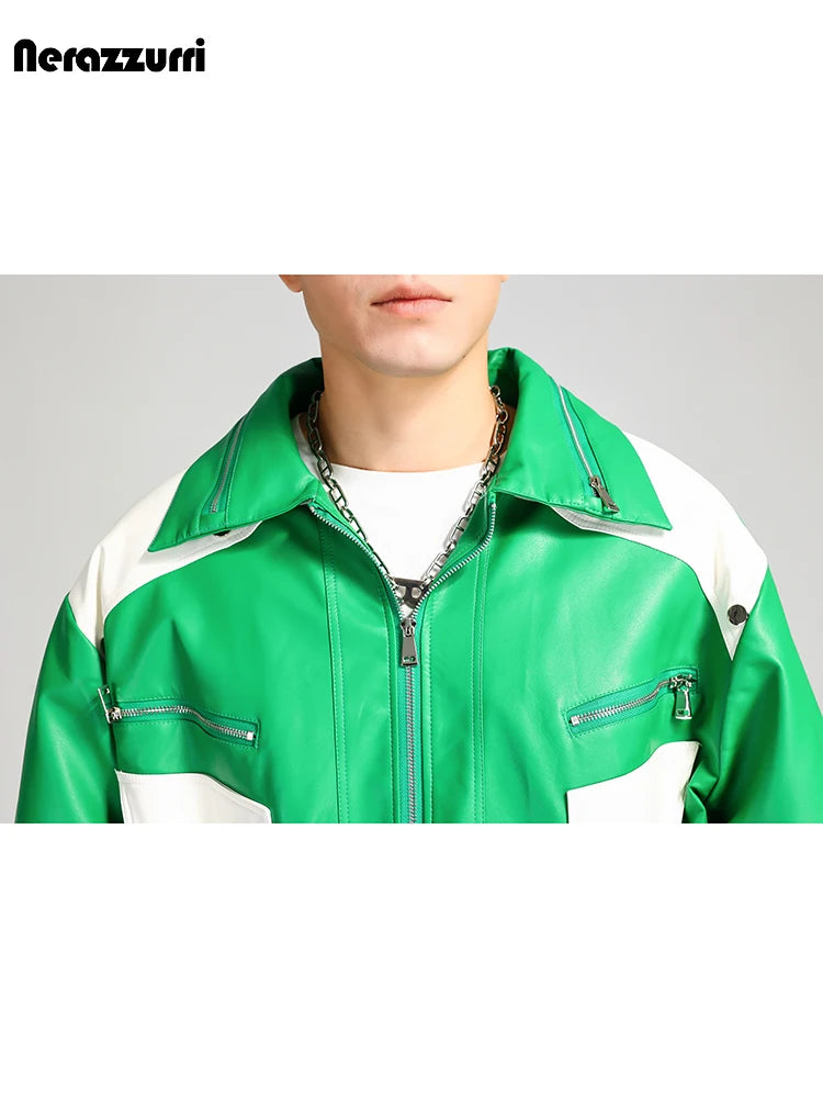 Nerazzurri Autumn Winter Short Quilted Warm Oversized Green and White Patchwork Pu Leather Jacket Men Luxury Designer Menswear