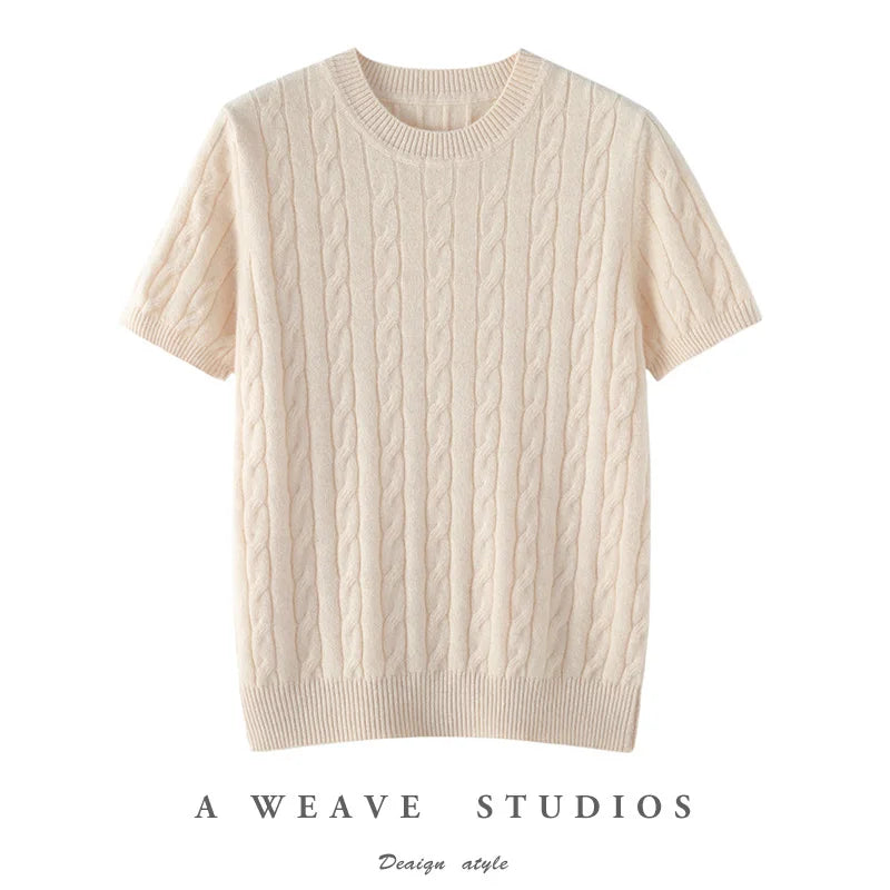 100% Pure Cashmere Fried Dough Twists Round Neck Solid Short Sleeve Women's High Quality Luxury Pullover Sweater Spring Autumn