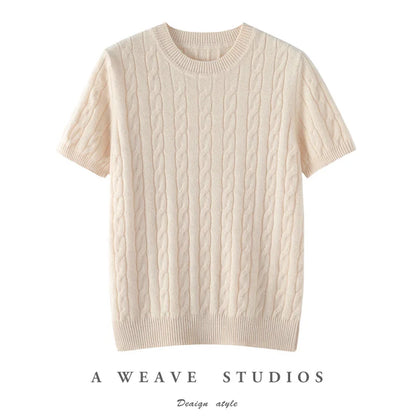 100% Pure Cashmere Fried Dough Twists Round Neck Solid Short Sleeve Women's High Quality Luxury Pullover Sweater Spring Autumn
