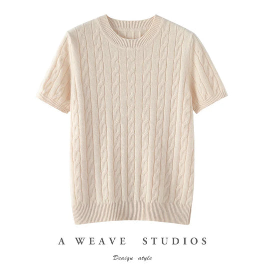 100% Pure Cashmere Fried Dough Twists Round Neck Solid Short Sleeve Women's High Quality Luxury Pullover Sweater Spring Autumn