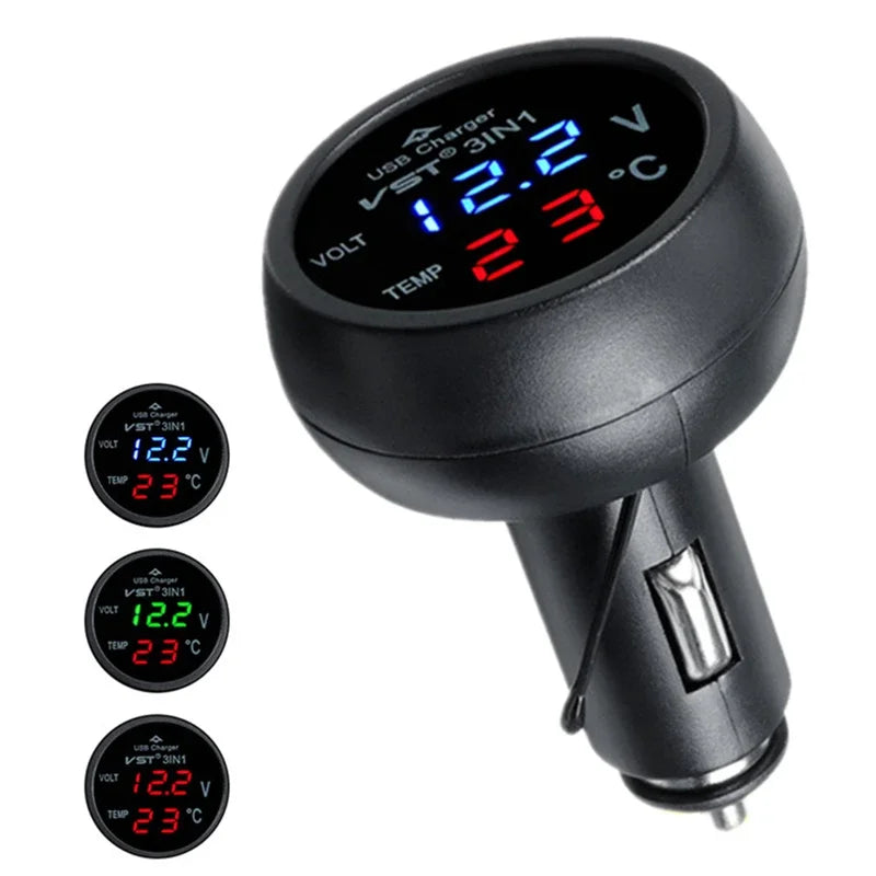 3 in 1 12V/24V LED Digital Ammeter Voltmeter USB Thermometer for Car Cigarette Lighter Temperature and Battery Voltage Indicator