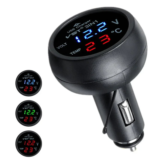 3 in 1 12V/24V LED Digital Ammeter Voltmeter USB Thermometer for Car Cigarette Lighter Temperature and Battery Voltage Indicator