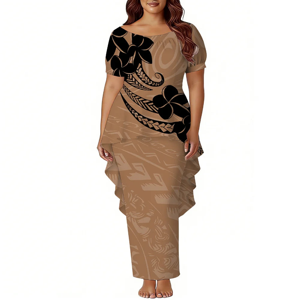 Polynesian Island-Style Women'S Short-Sleeved Puletasi Floral Print Dress Samoan Party Style Evening Dress