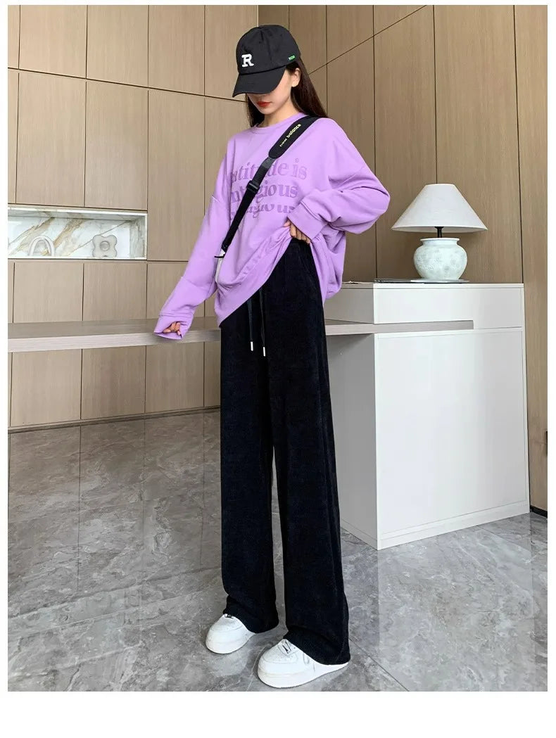 plus Size Women's Casual High Waist Thin Wide Leg Pants Spring Autumn Straight Cut Long Trousers Comfortable Slimming Effect