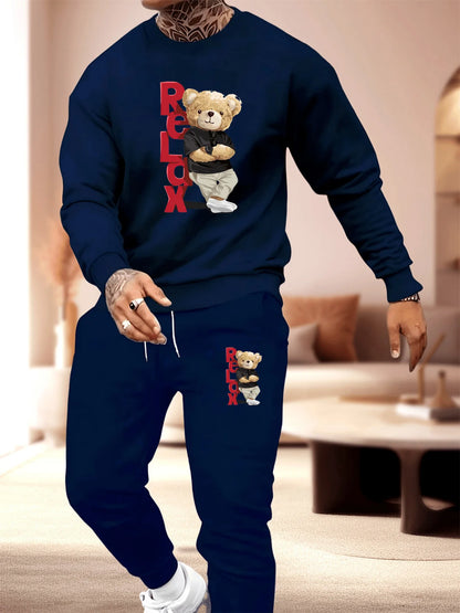 Men's autumn and winter casual warm RELDX bear print loose and thick velvet round neck sweatshirt+sports pants set
