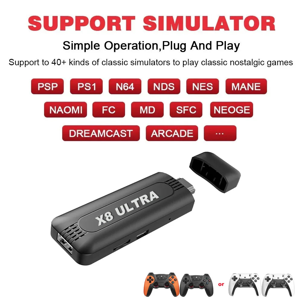 The X8 ULTRA retro video game console comes pre-installed with 50,000 games and plug-and-play PS1/N64/PSP emulators.